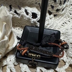 Pura Vida Brown and Black Layered Leather Bracelet with Gold Charm